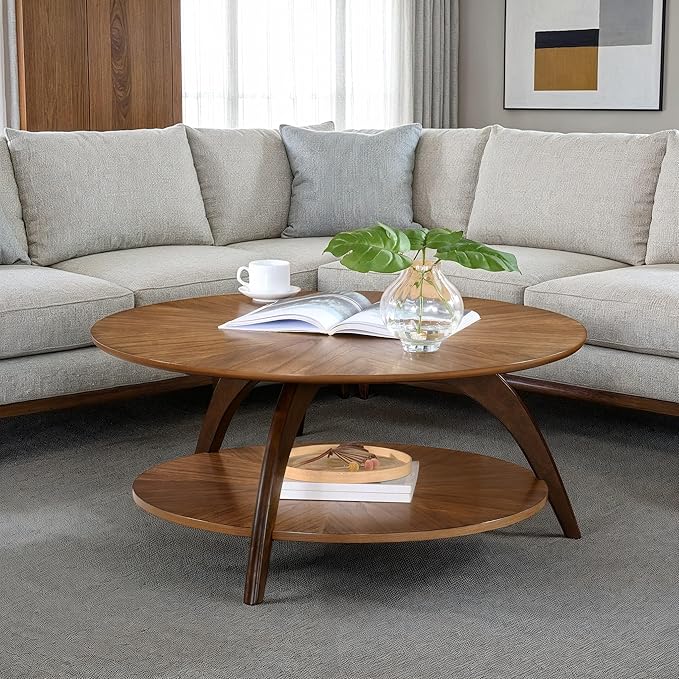 Martin Svensson Home LAX Retro Mid-Century Modern Round Wood Coffee Table with Lower Shelf, Cocktail Table for Living Room or Den. Caramel Brown with Walnut Brown Legs.