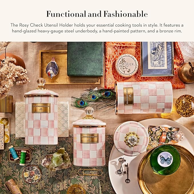 MACKENZIE-CHILDS Enamel Utensil Holder, Kitchen Utensil Holder for Countertop, Storage Caddy, Pink-and-White Rosy Check