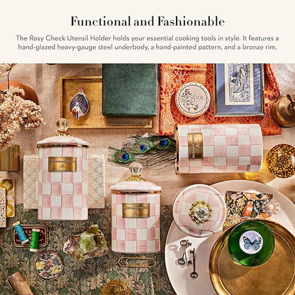 MACKENZIE-CHILDS Enamel Utensil Holder, Kitchen Utensil Holder for Countertop, Storage Caddy, Pink-and-White Rosy Check