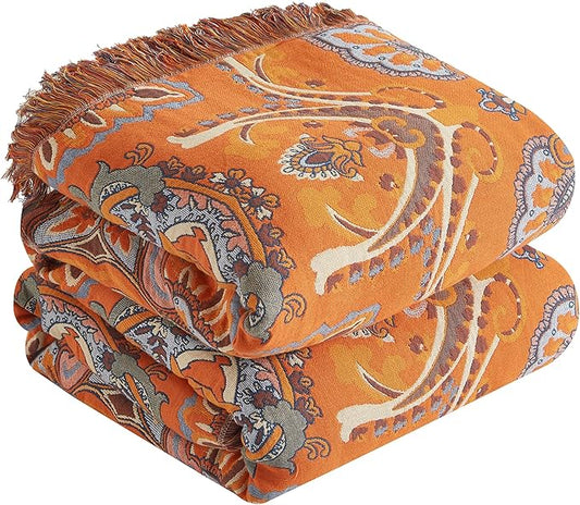 Boho Throw Blanket 100% Cotton Woven Ultra Soft 4-Layer Muslin Quilt Farmhouse Bed Blanket Cover 80"x90", Vintage Floral