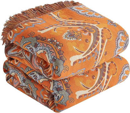 Boho Throw Blanket 100% Cotton Woven Ultra Soft 4-Layer Muslin Quilt Farmhouse Bed Blanket Cover 60"x80", Vintage Floral