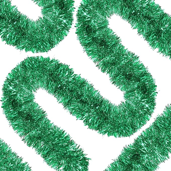 50 Ft Christmas Tinsel Garland Green Thick Tinsel Garland Xmas Tree Decorations Metallic Tinsel Twist Garland for Christmas, Birthday, Party Decor Indoor Outdoor Party Supplies