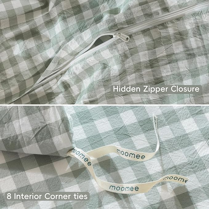 MooMee Gingham Duvet Cover Set 100% Washed Cotton Linen Like Textured Breathable Durable Soft Comfy Modern Checkered Design (Sage Green Gingham, Palatial King/Oversized King 120"x98")