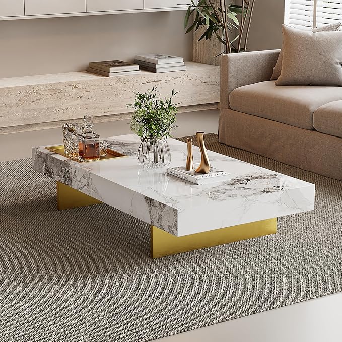 Modern Coffee Table for Living Room, 51.2" L arge Rectangle Living Room Table Sintered Stone Tabletop with Gold Stainless Steel Legs, Center Table for Home Office