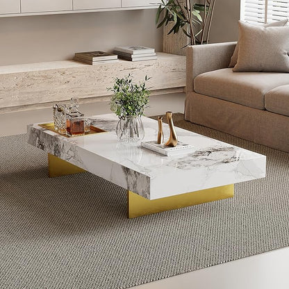 Modern Coffee Table for Living Room, 51.2" L arge Rectangle Living Room Table Sintered Stone Tabletop with Gold Stainless Steel Legs, Center Table for Home Office