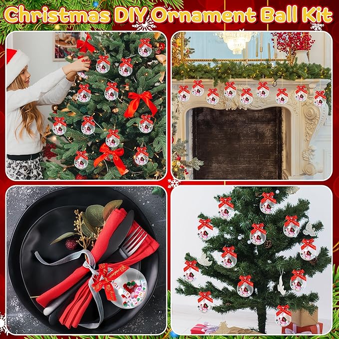 Y1tvei Christmas Ornament Ball Kit - 41Pcs Clear Plastic Fillable DIY Beads Craft Set Pipe Cleaners Pom Poms and Bows Letter Bead Charms Christmas Decor Design, Handmade Making for Party Birthday Gift