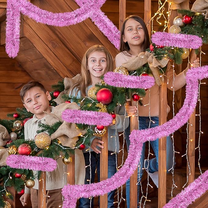 50 Ft Christmas Tinsel Garland Pink Thick Tinsel Garland Xmas Tree Decorations Metallic Tinsel Twist Garland for Christmas, Birthday, Party Decor Indoor Outdoor Party Supplies
