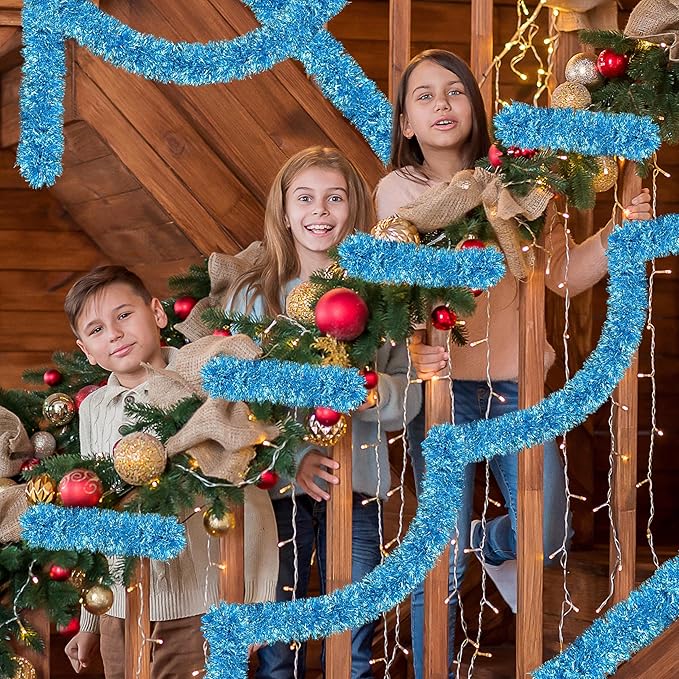 50 Ft Christmas Tinsel Garland Sky Blue Thick Tinsel Garland Xmas Tree Decorations Metallic Tinsel Twist Garland for Christmas, Birthday, Party Decor Indoor Outdoor Party Supplies
