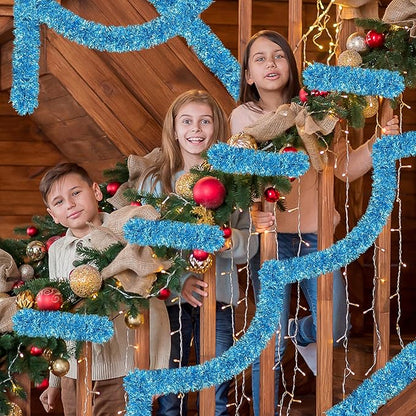 50 Ft Christmas Tinsel Garland Sky Blue Thick Tinsel Garland Xmas Tree Decorations Metallic Tinsel Twist Garland for Christmas, Birthday, Party Decor Indoor Outdoor Party Supplies