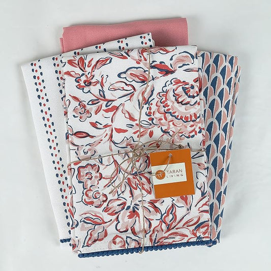 TARAN LIVING Printed Kitchen Dish Bar and Tea Towels Cotton, 18x28 inch with Trims, Cotton Dish Towel Sets (White & Peach, Set of 4)