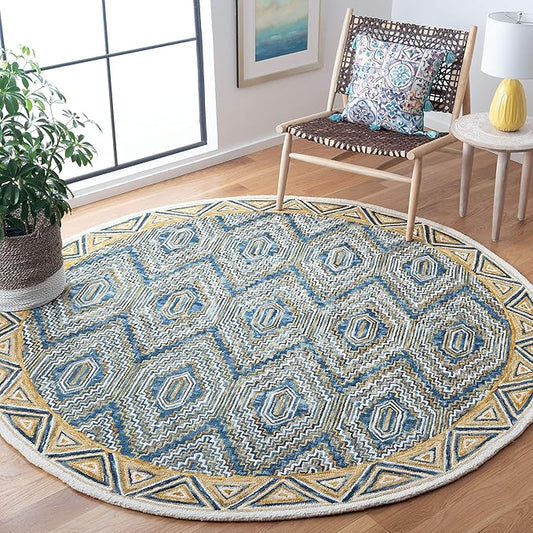 SAFAVIEH Aspen Collection 5' Round Blue/Gold APN822M Handmade Boho Premium Wool Entryway Foyer Living Room Bedroom Kitchen Area Rug