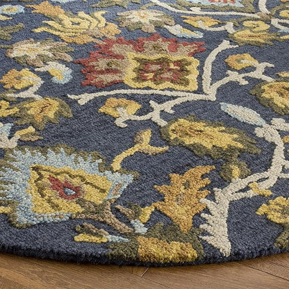 SAFAVIEH Blossom Collection Area Rug - 8' Round, Navy & Multi, Handmade Wool, Ideal for High Traffic Areas in Living Room, Bedroom (BLM402A)