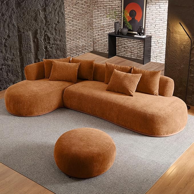 WILLIAMSPACE 134.63" Oversize Curved Sofa Cloud Couch with Round Chaise, Modern Upholstered Curved Sectional Sofa Couch with 6 Pillows for Living Room, No Assembly (Left-Facing,Orange)