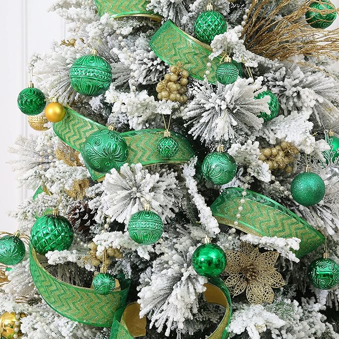 Christmas Ball Ornaments Green Christmas Tree Decorations with Hang Rope-36pcs Shatterproof Christmas Ornaments Set with 6 Styles in 3 Sizes(Small Medium Large)