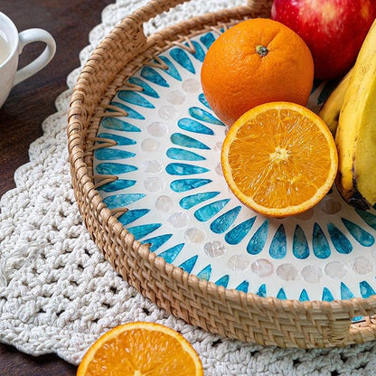 JUNGLE CULTURE Rattan Serving Tray 12" with Mother of Pearl Inlay • Coastal Boho Collection • Handcrafted Woven with Handles for Home • Round Dining Tray • Wicker Serving Basket – Ripple