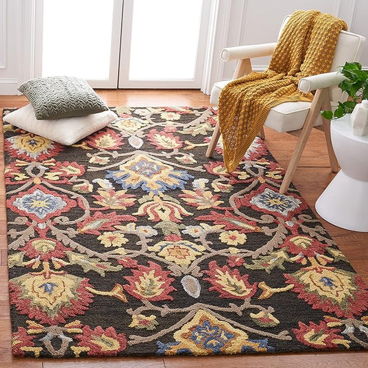 SAFAVIEH Blossom Collection Area Rug - 6' Square, Charcoal & Multi, Handmade Wool, Ideal for High Traffic Areas in Living Room, Bedroom (BLM402H)