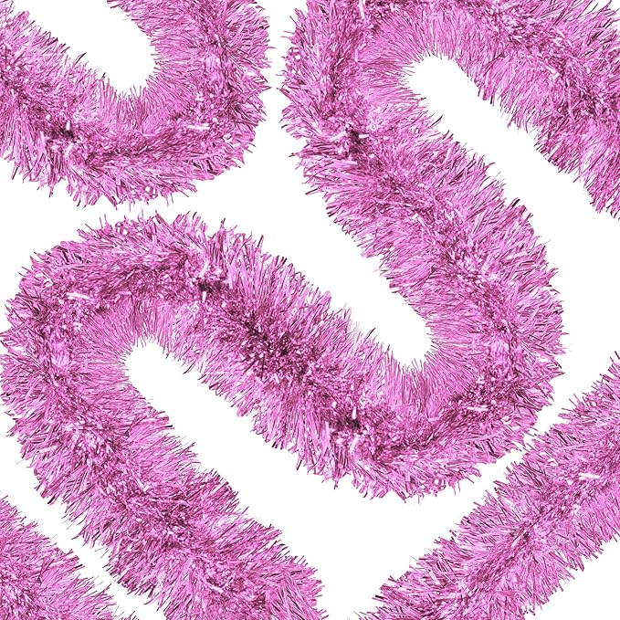 50 Ft Christmas Tinsel Garland Pink Thick Tinsel Garland Xmas Tree Decorations Metallic Tinsel Twist Garland for Christmas, Birthday, Party Decor Indoor Outdoor Party Supplies