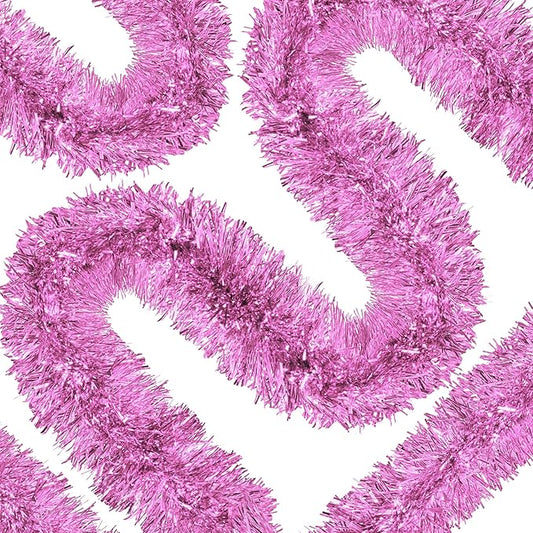 50 Ft Christmas Tinsel Garland Pink Thick Tinsel Garland Xmas Tree Decorations Metallic Tinsel Twist Garland for Christmas, Birthday, Party Decor Indoor Outdoor Party Supplies