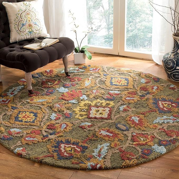 SAFAVIEH Blossom Collection Area Rug - 4' Round, Green & Multi, Handmade Wool, Ideal for High Traffic Areas in Living Room, Bedroom (BLM402B)