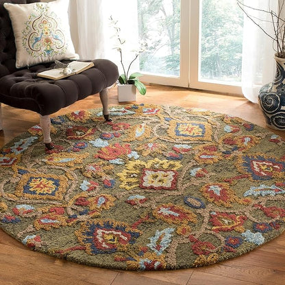 SAFAVIEH Blossom Collection Area Rug - 4' Round, Green & Multi, Handmade Wool, Ideal for High Traffic Areas in Living Room, Bedroom (BLM402B)