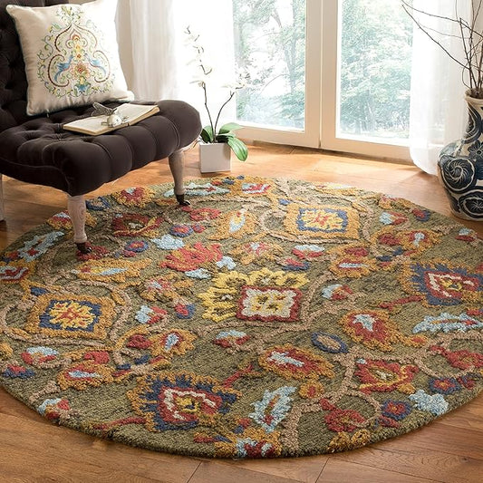 SAFAVIEH Blossom Collection Area Rug - 4' Round, Green & Multi, Handmade Wool, Ideal for High Traffic Areas in Living Room, Bedroom (BLM402B)