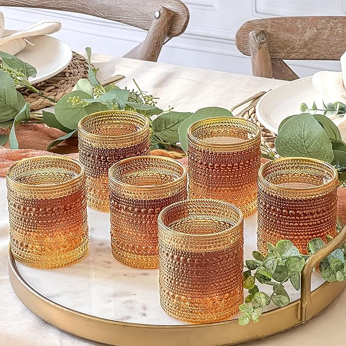 Kate Aspen Beaded Amber Drinking Glasses Set of 6-10 oz Vintage Glassware Set Jupiter Glasses, Cocktail Glass Set, Juice Glass, Water Cups Hostess Gift, Present, Gift for Newlyweds