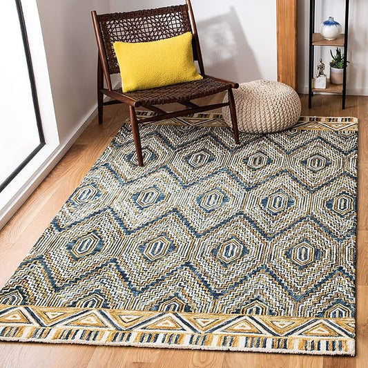 SAFAVIEH Aspen Collection Area Rug - 5' Square, Blue & Gold, Handmade Boho Wool, Ideal for High Traffic Areas in Living Room, Bedroom (APN822M)