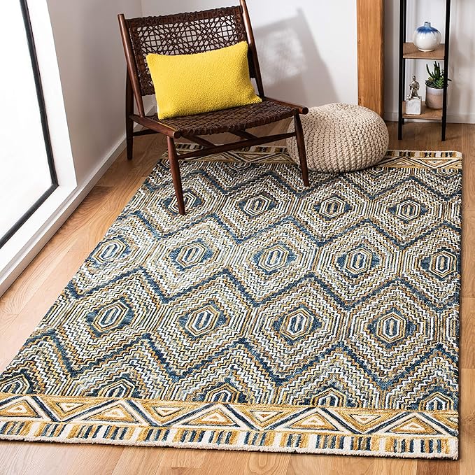 SAFAVIEH Aspen Collection Area Rug - 7' Square, Blue & Gold, Handmade Boho Wool, Ideal for High Traffic Areas in Living Room, Bedroom (APN822M)