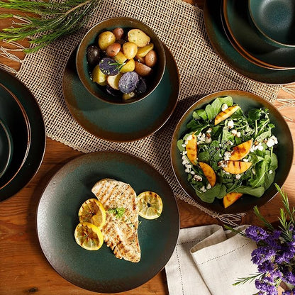 Bloomhouse Palermo Sun Double Bowl Stoneware Reactive Glaze Plates and Bowls Dinnerware Set - Agave Blue, Service for Four (16pcs)