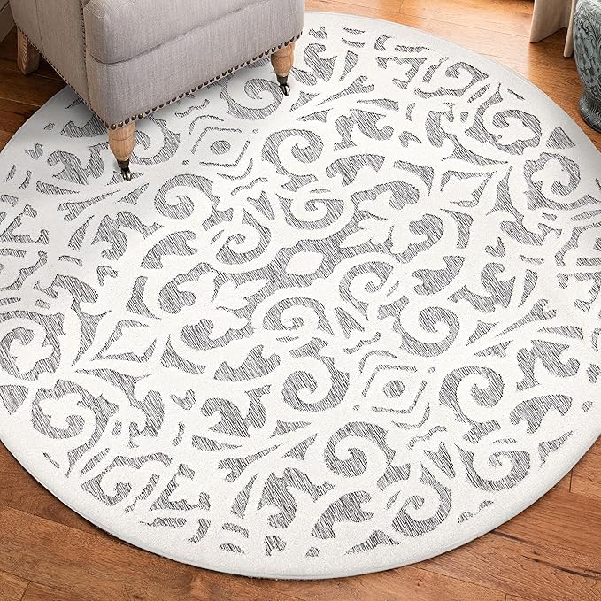 Orian My Texas House Lady Bird Rug 6.5ft Round High-Low Floral Indoor Outdoor, Natural Grey
