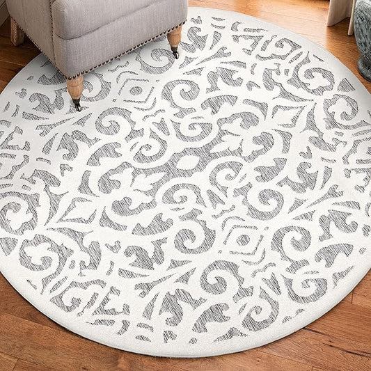 Orian My Texas House Lady Bird Rug 6.5ft Round High-Low Floral Indoor Outdoor, Natural Grey