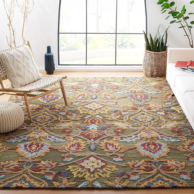 SAFAVIEH Blossom Collection Area Rug - 9' x 12', Green & Multi, Handmade Wool, Ideal for High Traffic Areas in Living Room, Bedroom (BLM402B)