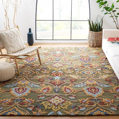 SAFAVIEH Blossom Collection Area Rug - 8' x 10', Green & Multi, Handmade Wool, Ideal for High Traffic Areas in Living Room, Bedroom (BLM402B)