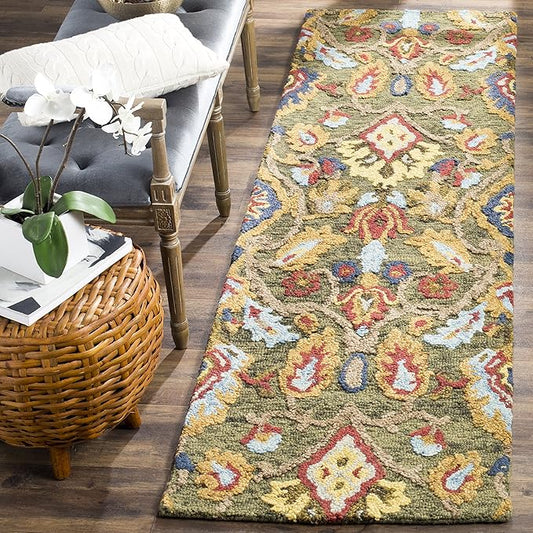 SAFAVIEH Blossom Collection Runner Rug - 2'3" x 14', Green & Multi, Handmade Wool, Ideal for High Traffic Areas in Living Room, Bedroom (BLM402B)