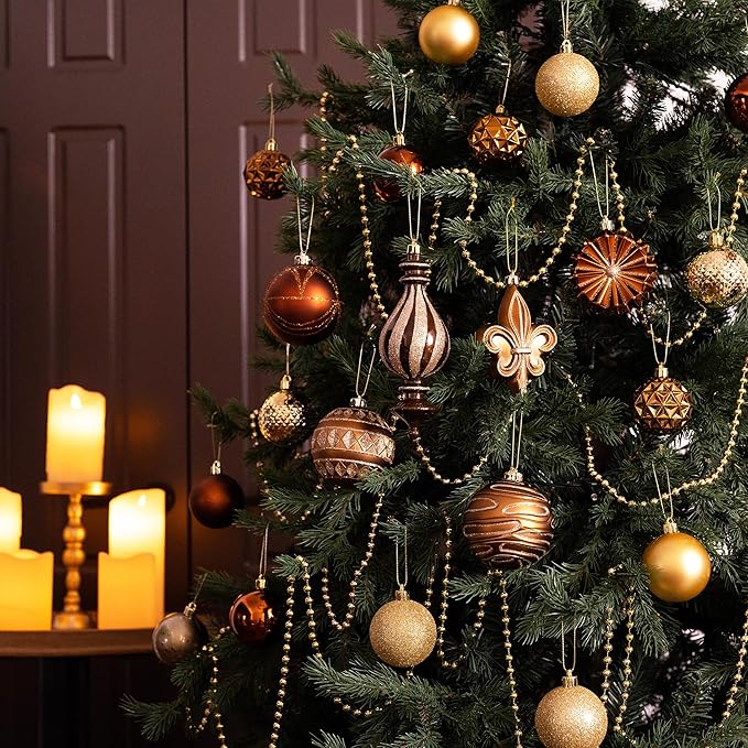Valery Madelyn Ornaments for Christmas Trees, 60ct Bronze Copper Brown and Gold Shatterproof Christmas Tree Decorations, Luxury Hanging Ball Ornaments Bulk for Thanksgiving Autumn Harvest Decor