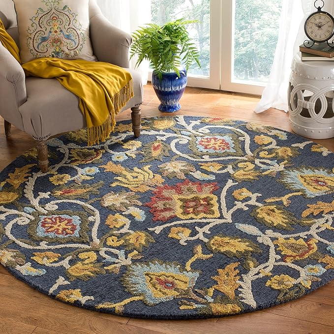 SAFAVIEH Blossom Collection Area Rug - 8' Square, Green & Multi, Handmade Wool, Ideal for High Traffic Areas in Living Room, Bedroom (BLM402B)