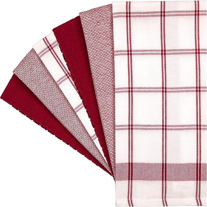 Premium Kitchen Towels 6 Pack Large Cotton Flat Terry Absorbent Tea Towels with Hanging Loop Red Check 20x28