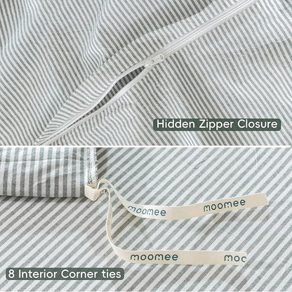 MooMee Striped Duvet Cover Set 100% Washed Cotton Linen Like Textured Breathable Durable Soft Comfy (Heathered Green Pinstripes, Oversized Queen 98"x98")