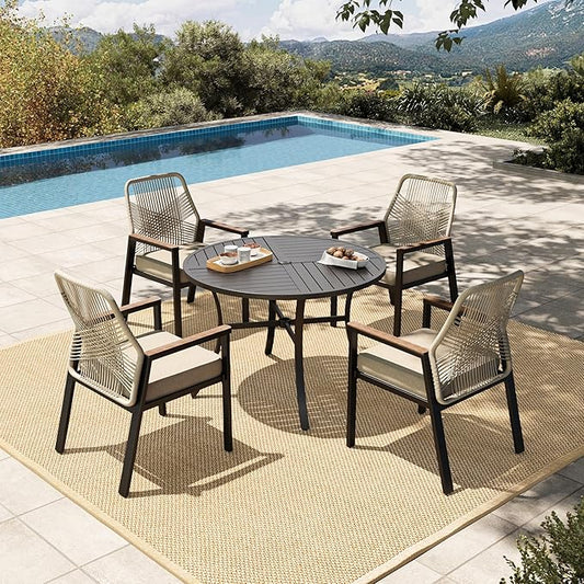 HERA'S HOUSE 5 Pieces Patio Dining Set, 4 x Woven Rattan Outdoor Dining Chairs with Cushions, 42" Metal Round Dining Table, Patio Table and Chairs Set for Lawn Garden Backyard Deck