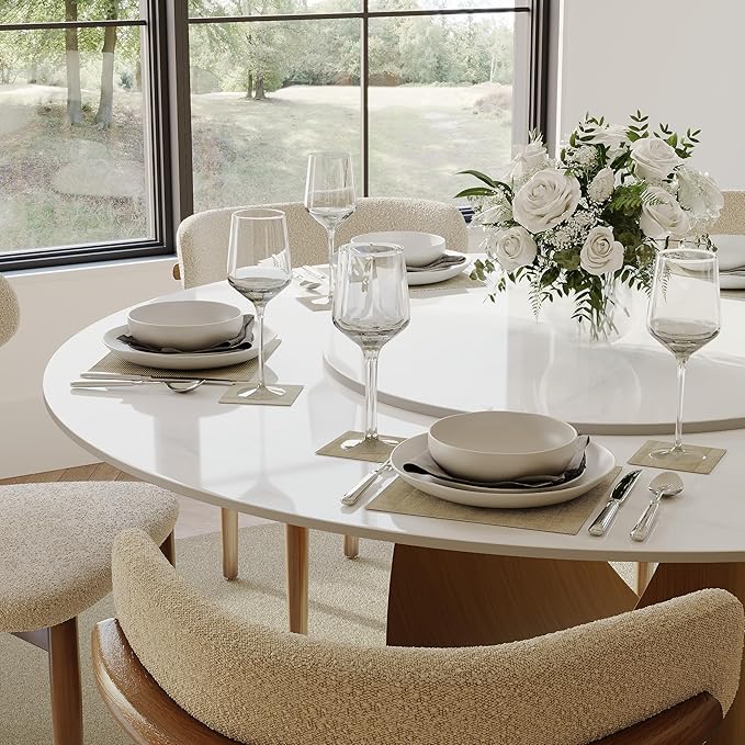 POVISON Round Dining Table for 4-6 with 23" Lazy Susan 51" Glossy White Sintered Stone Tabletop with Bronze Carbon Steel Pedestal