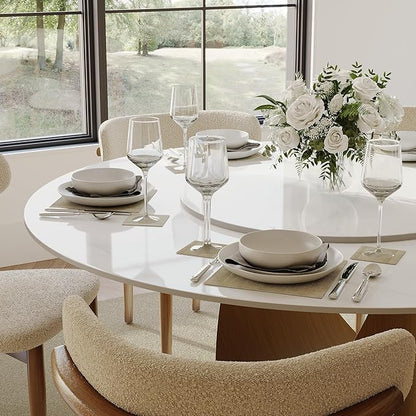 POVISON Round Dining Table for 4-6 with 23" Lazy Susan 51" Glossy White Sintered Stone Tabletop with Bronze Carbon Steel Pedestal