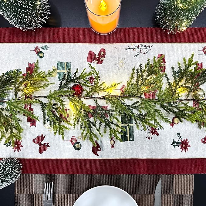 6 FT Artificial Christmas Pine Garland, Battery Operated 20 Warm Lights with Timer, Faux Greenery Spruce with Red Gold Ornaments and Stars, Holiday Decoration for Mantel Stair Doorway