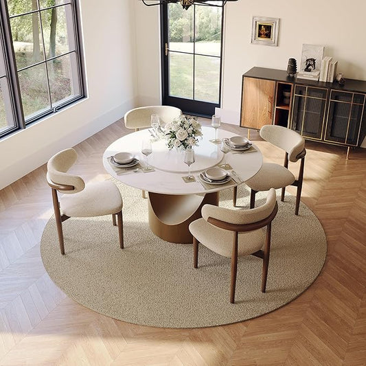 POVISON Round Dining Table for 4-6 with 23" Lazy Susan 51" Glossy White Sintered Stone Tabletop with Bronze Carbon Steel Pedestal