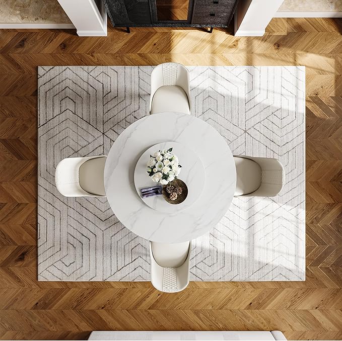 POVISON Round Dining Table for 4, 51" Modern Round Dining Table Built in Lazy Susan, Matte Sintered Stone Tabletop with Black Carbon Steel Pedestal, White