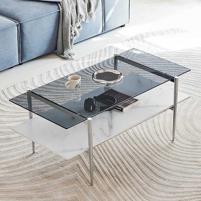 AGV LIGHTING Tadio Glass Coffee Table, Mid-Century Modern Coffee Table for Living Room, Chrome Finish Leg, Gray Glass Top & Faux Marble Wood Shelf, 41 in