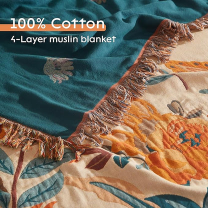 Boho Throw Blanket 100% Cotton Woven Ultra Soft 4-Layer Muslin Quilt Farmhouse Bed Blanket Cover 80"x90", Floral