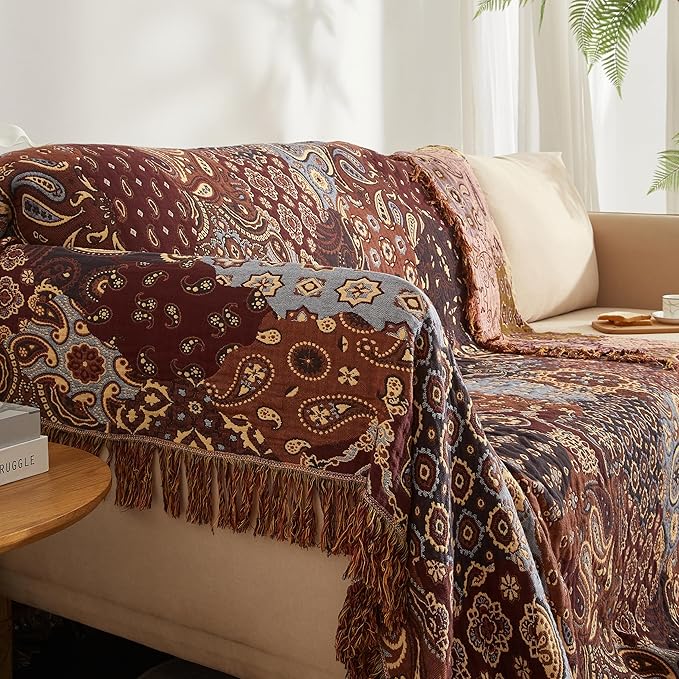 Boho Throw Blanket 100% Cotton Woven Ultra Soft 4-Layer Muslin Quilt Farmhouse Bed Blanket Cover 80"x90", Patchwork Floral