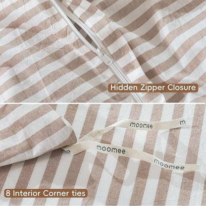 MooMee Striped Duvet Cover Set 100% Washed Cotton Linen Like Textured Breathable Durable Soft Comfy (Orange Classic Stripes, King 104"x90")