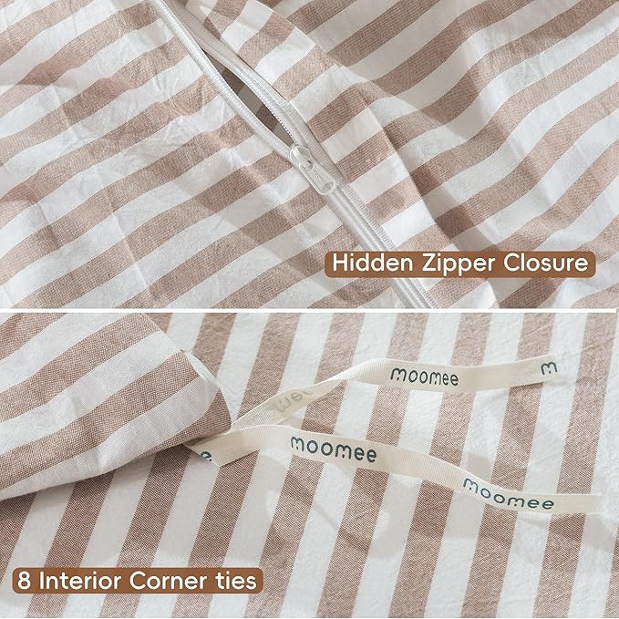 MooMee Striped Duvet Cover Set 100% Washed Cotton Linen Like Textured Breathable Durable Soft Comfy (Orange Classic Stripes, Full 80"x90")