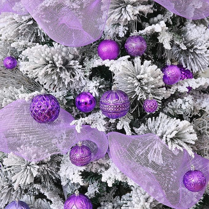 Purple Christmas Ball Ornaments Christmas Tree Decorations with Hang Rope-36pcs Shatterproof Christmas Ornaments Set with 6 Styles in 3 Sizes(Small Medium Large)